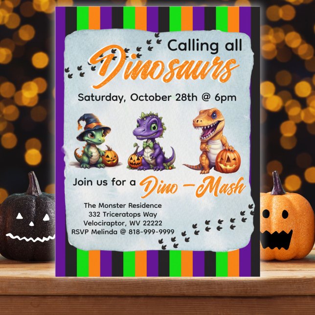 Carte Postale Parti Dino-Mash d'Halloween (Halloween Dinosaur Invitation Postcard with brightly colored Halloween themed stripes. )