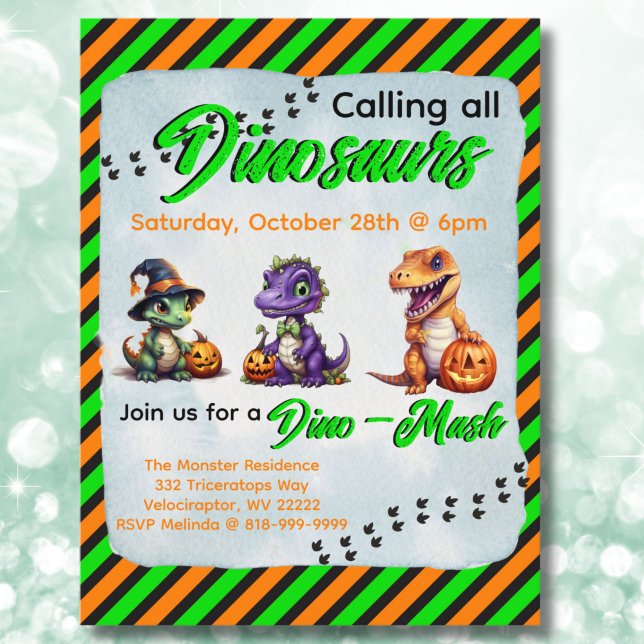 Carte Postale Parti Dino-Mash d'Halloween (Halloween Dinosaur Invitation Postcard in Orange & Green)