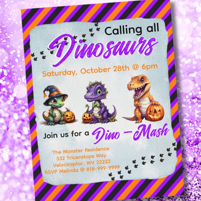 Carte Postale Parti Dino-Mash d'Halloween (Halloween Dinosaur Invitation Postcard in Orange & Purple)