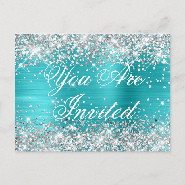 Carte Postale Parties scintillant argent Faux Sweet sixteen bleu (Devant)