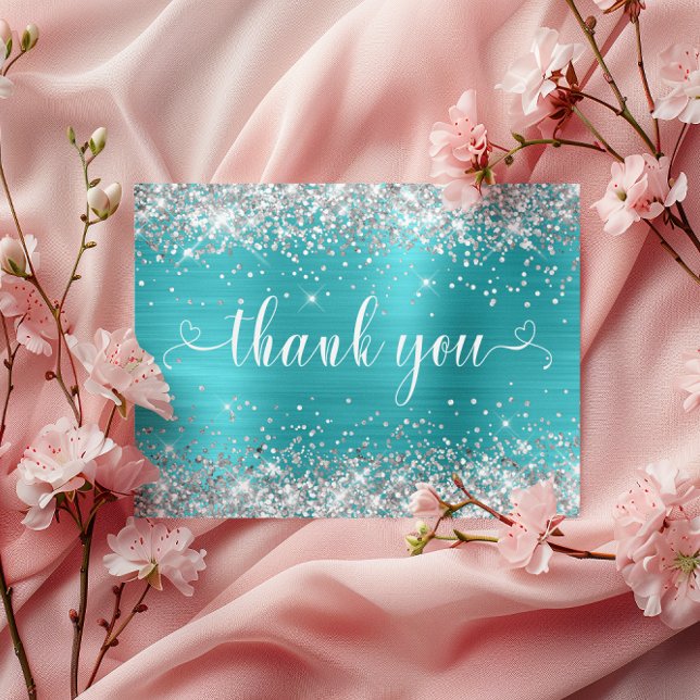 Carte Postale Parties scintillant d'argent Aqua Blue Sweet 16 Co (Silver Glitter Aqua Blue Sweet 16 Hearts Thank You Postcard)