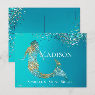 Carte Postale Parties scintillant d'or Aqua étincelle Mermaid