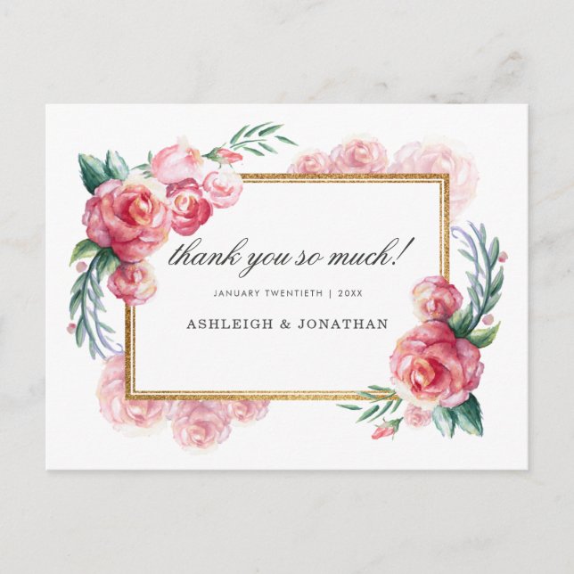 Carte Postale Parties scintillant d'or et fleurs d'aquarelle | M (Devant)