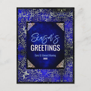Carte Postale Parties scintillant florale bleu royal chic Noël n