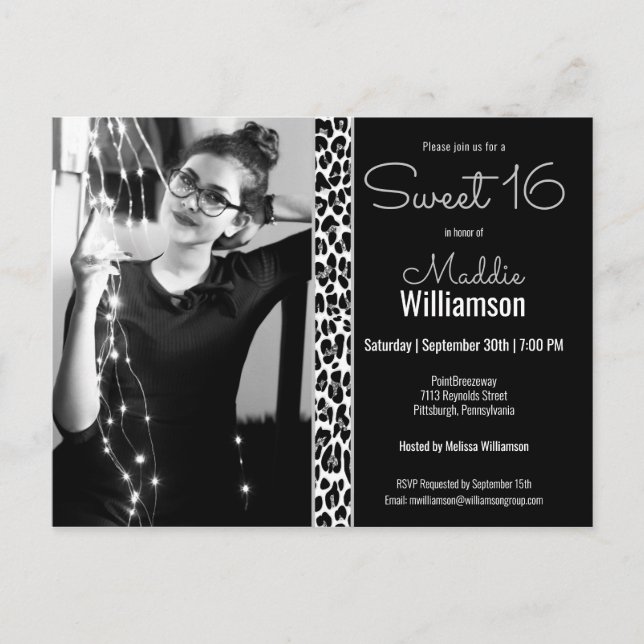 Carte Postale Parties scintillant Léopard Noir Photo Sweet 16 In (Devant)
