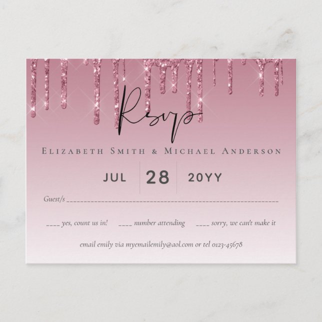 Carte Postale PARTIES SCINTILLANT rose BUDGET Mariage RSVP (Devant)
