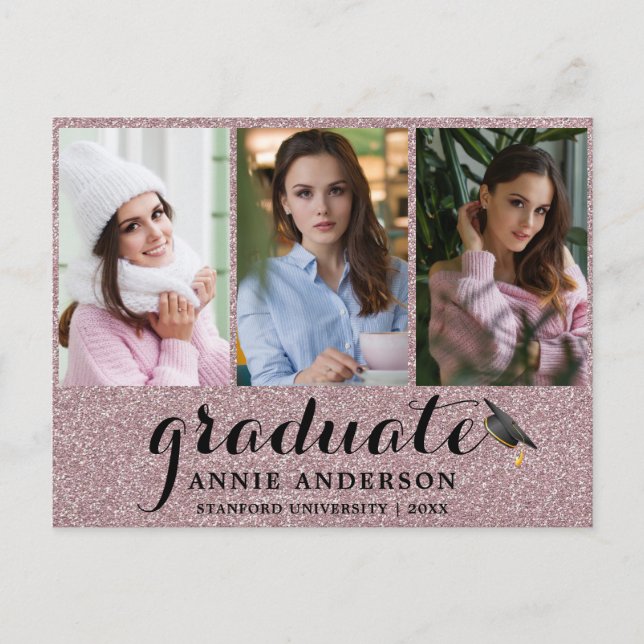Carte Postale Parties scintillant rose fantaisie 3 Photo Graduat (Devant)