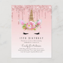 Carte Postale Parties scintillant Unicorn 13e anniversaire Rose 