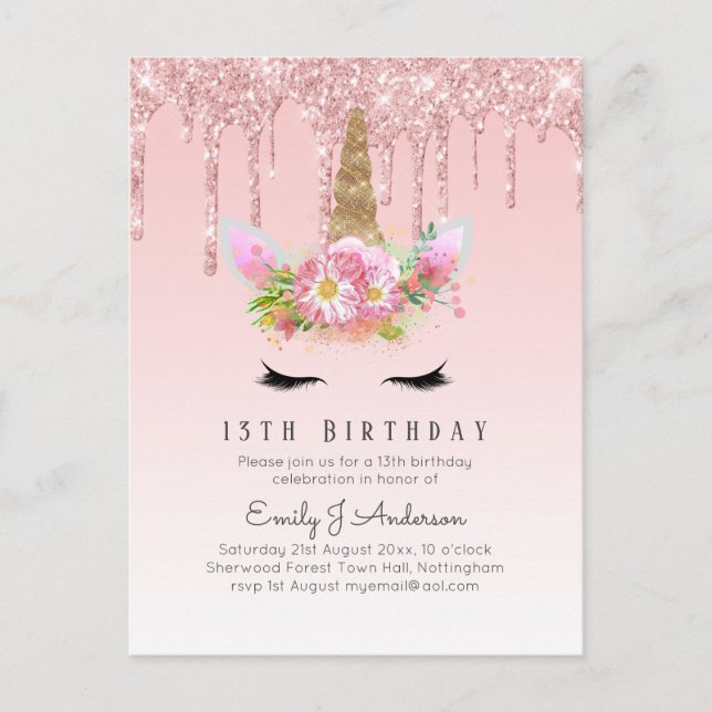 Carte Postale Parties scintillant Unicorn 13e anniversaire Rose  (Devant)