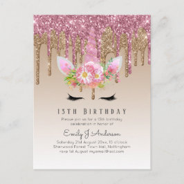 Carte Postale Parties scintillant Unicorn Rose or rose goutte 13