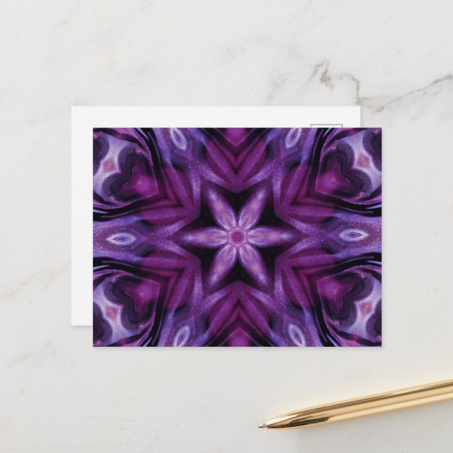 Carte Postale Parties scintillant violette Coeur et Fleur Motif  (Devant/Arrière en situation)