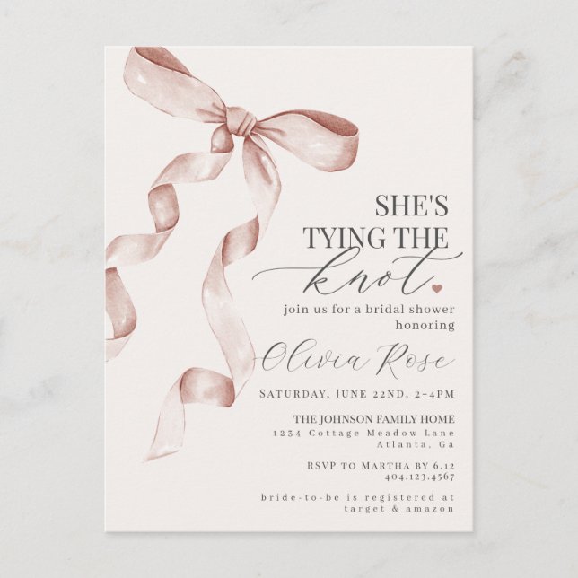 Carte Postale Pastel Beige Coquette Bow Fête des mariées Invitat (Devant)