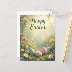 Carte Postale Pastel élégant Bonne Pâques avec fleurs et oeufs