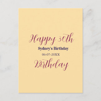 Carte Postale Pastel orange happy 30th birthday name date purple