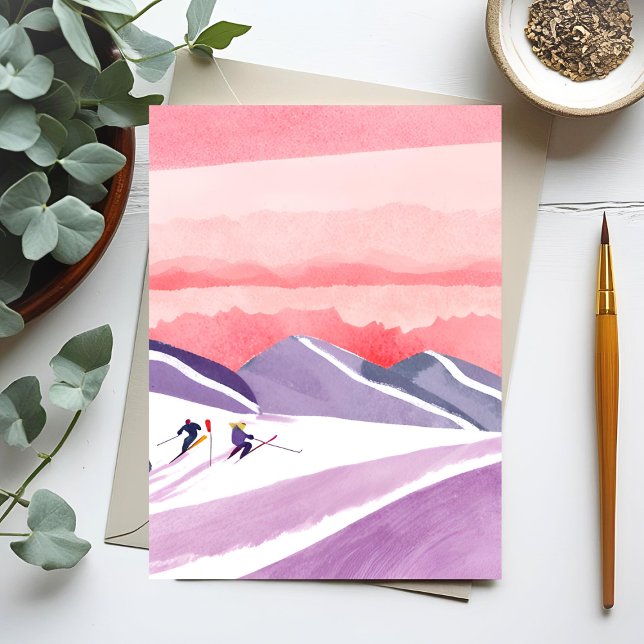 Carte Postale Pastel Watercolor Ski Mountain Sunset (Créateur téléchargé)