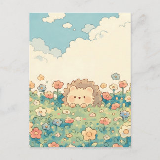 Carte Postale Pastel Wildflower Meadow Kawaii Hedgehog