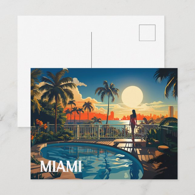 Carte Postale patio piscine au soleil surplombant Miami Beach (Devant / Derrière)