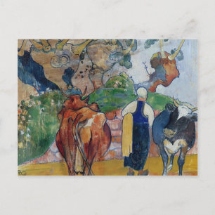 Carte Postale Paul Gauguin, une femme paysanne et des vaches dan