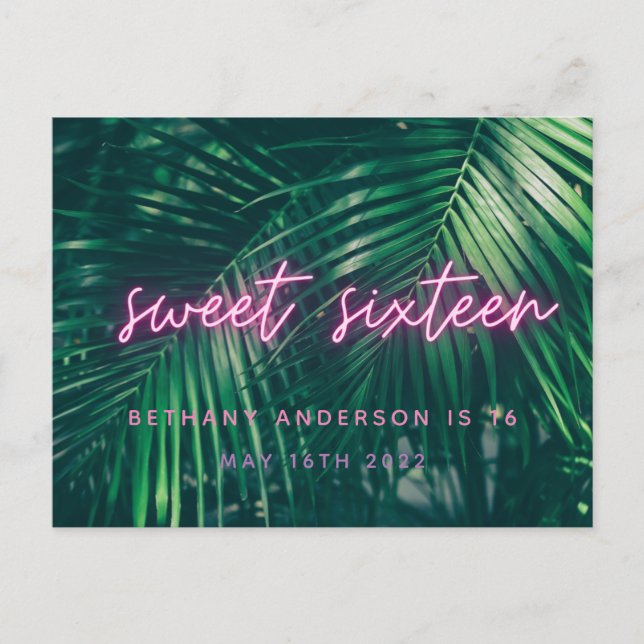 Carte Postale Paume tropicale vert néon script doux 16 anniversa (Devant)
