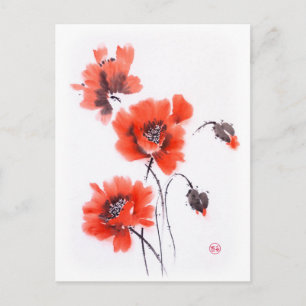 Carte Postale Pavot rouge vif suce encre et aquarelle