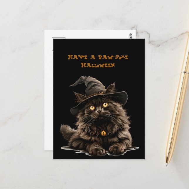 Carte Postale Paw-some Halloween Casquette de sorcière de chat n (Devant/Arrière en situation)