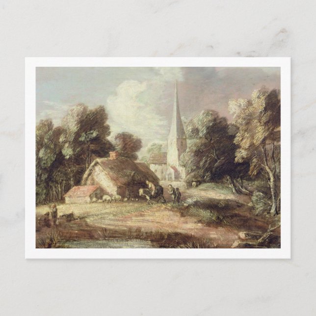 Carte Postale Paysage avec église, chalet, villageois et une (Devant)