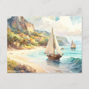 Carte Postale Paysage avec mer et voiliers