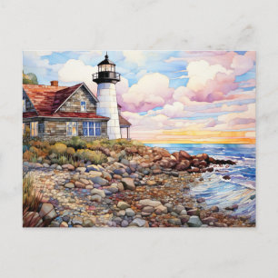 Carte Postale paysage côtier avec chalet et phare
