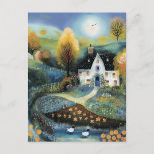Carte Postale Paysage de chaumière blanche dans le style aquarel