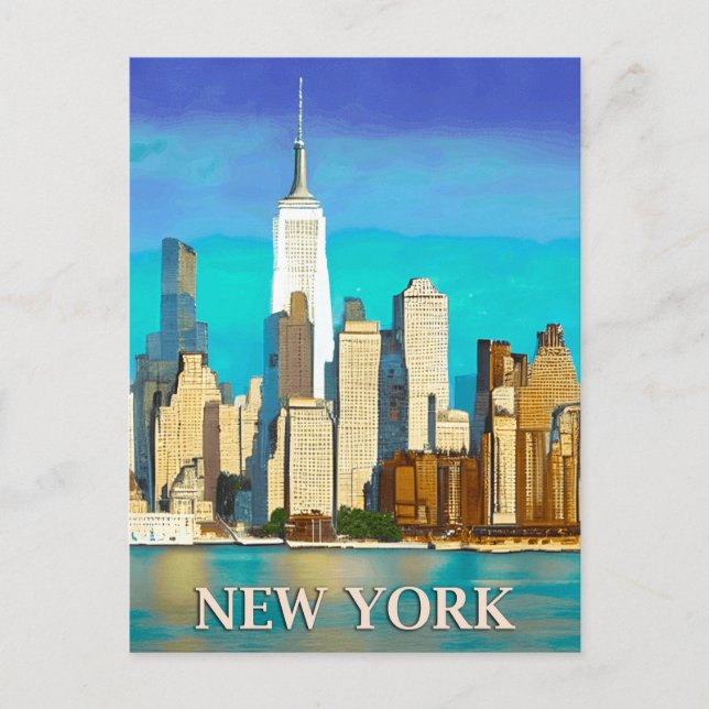 Carte Postale Paysage de New York en bleu de cobalt et beige (Devant)