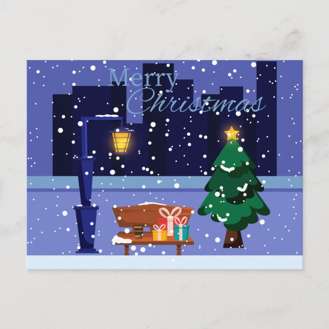 Carte Postale Paysage de Noël avec lampadaire, arbre et gif (Devant)