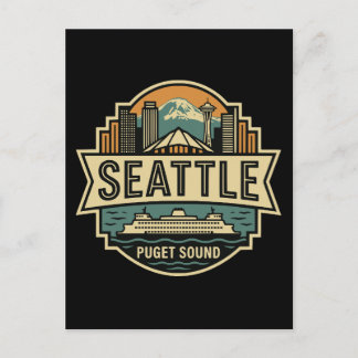 Carte Postale Paysage de Seattle Washington USA Badge Rétro