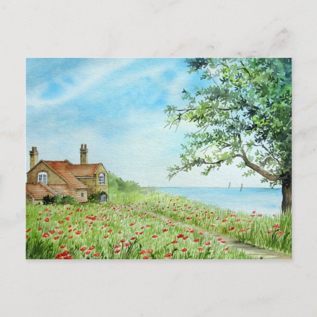 Carte Postale Paysage de terrain de pavot peinture aquarelle (Devant)