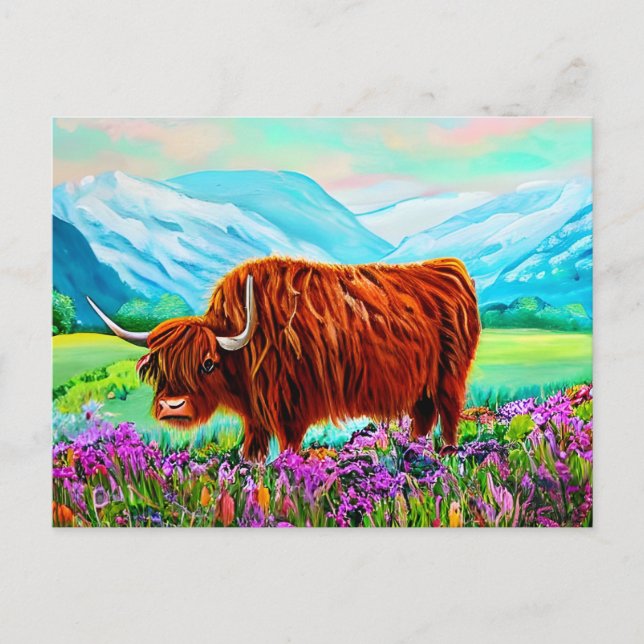 Carte Postale Paysage de vache Highland Peinture (Devant)