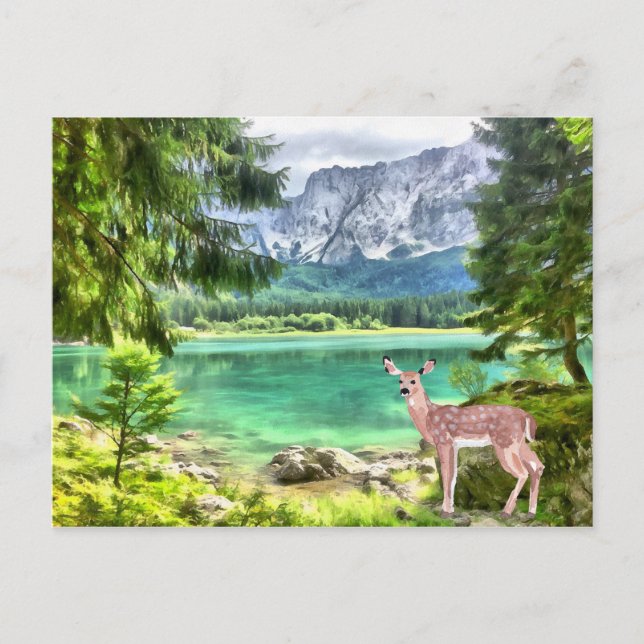 Carte Postale Paysage des cerfs du lac de la Forêt d'Aquarelle (Devant)