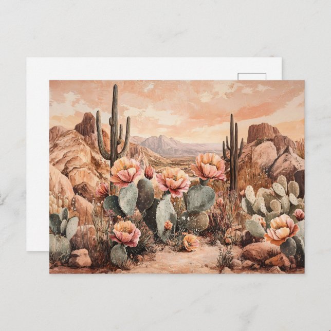 Carte Postale Paysage du désert avec des cactus en fleurs (Devant / Derrière)
