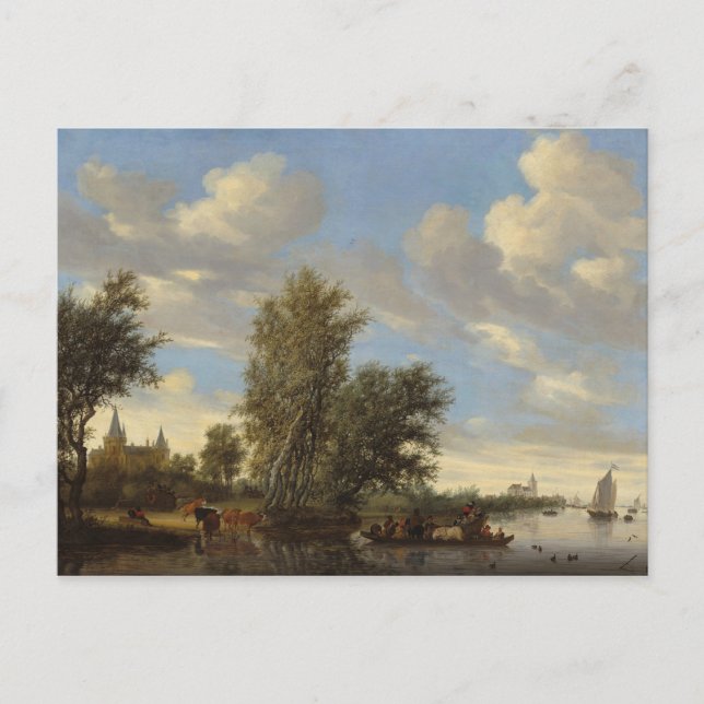 Carte Postale Paysage fluvial avec traversier, 1649 (huile sur t (Devant)