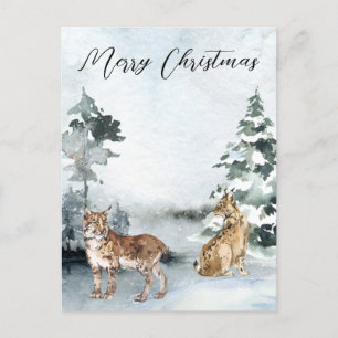 Carte Postale Paysage hivernal Aquarelle Bobcat Lynx Noël