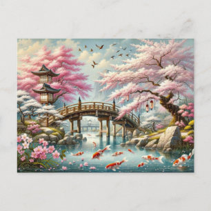 Carte Postale Paysage japonais avec pont, carpe et arbres sakura