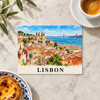 Carte Postale Paysage urbain à l'aquarelle de Lisbonne Portugal