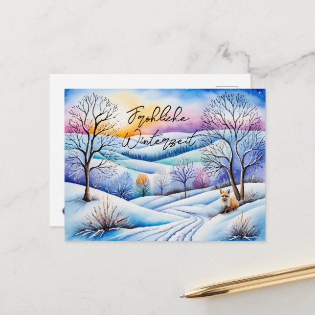 Carte Postale Paysages hivernaux au crépuscule avec renard | (Devant/Arrière en situation)
