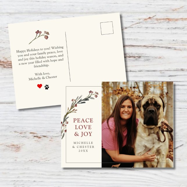 Carte Postale Peace Love and Joy Red Greenery Photo pour animaux (Créateur téléchargé)