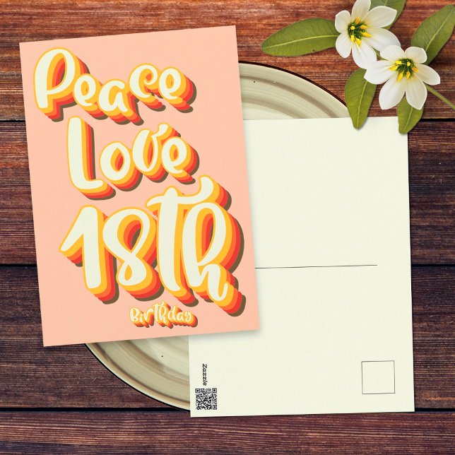 Carte Postale Peace Love Peach Retro Super 18e Joyeux anniversai (Front and Back)