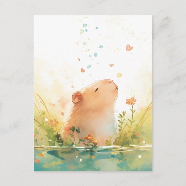 Carte Postale Peaceful Capybara with Heart and Falling Petals (Devant)