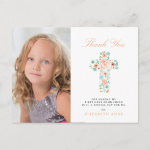 Carte Postale Peach Floral Cross Premier Merci de communion