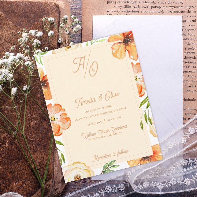 Carte Postale Peach Garden Meadow Floral Monogram Wedding Invite (Soft Peach Garden Meadow Florals Monogram Save the Date | Watercolor Floral Wedding Save the Date)