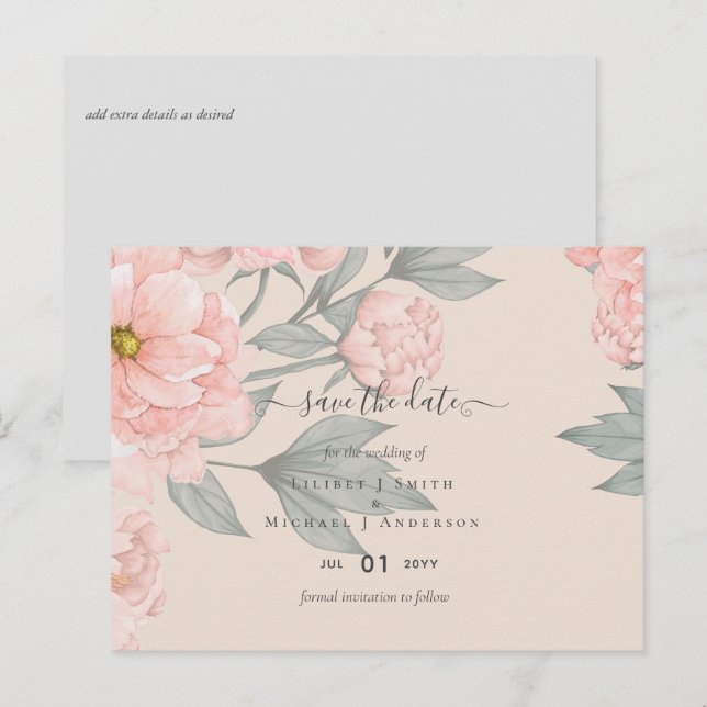 Carte Postale Peach Peonies Sage Floral Mariage Dates de sauvega (Devant / Derrière)