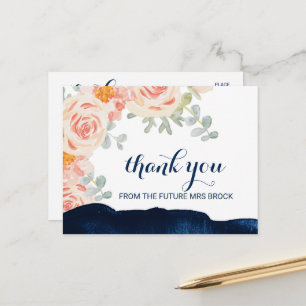 Carte Postale Peach rose et Merci d'aquarelle marine