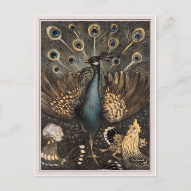 Carte Postale Peacock avec poulets (1878-1910) Theo van Hoytem (Devant)