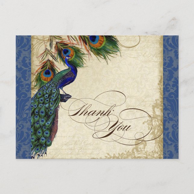 Carte Postale Peacock & Feather Forme Merci Note Bleu Marine (Devant)